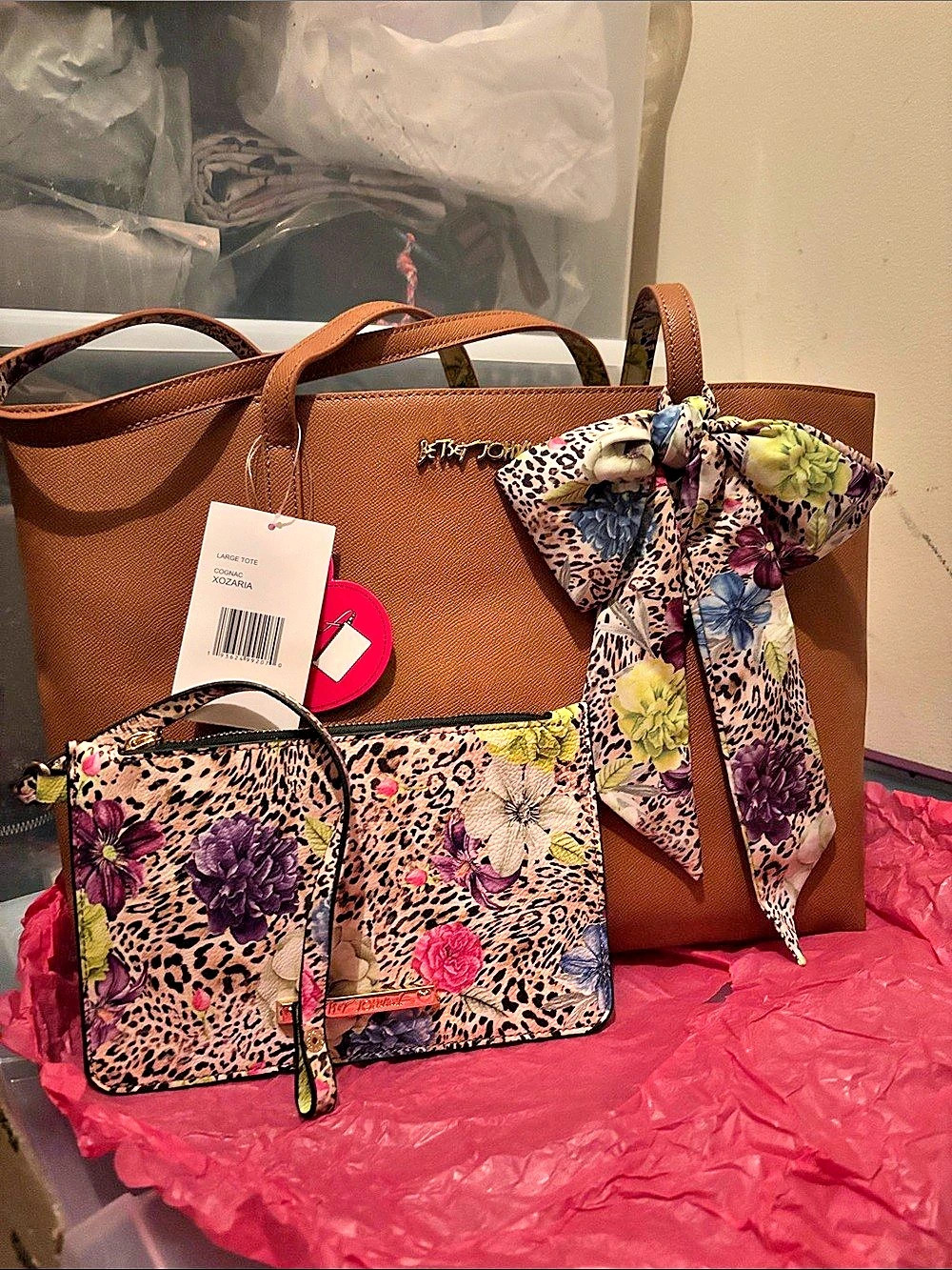 Betsey Johnson Large Tote Floral Leopard Print Tote in Brown & Pink NWT